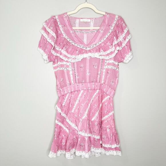 LoveShackFancy Bonita Mini Dress Ruffles Lace V-Neck Short Sleeve Pink Size M - Picture 2 of 8